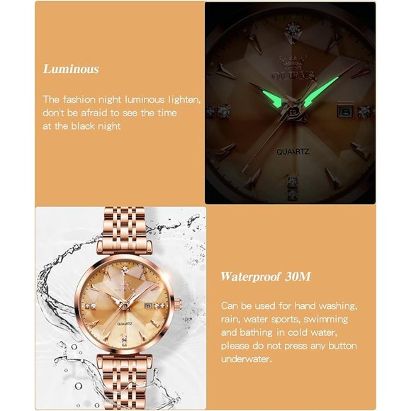Women Yellow Rose Gold Stainless Steel Band Quartz Small Face Waterproof Watches main image 4